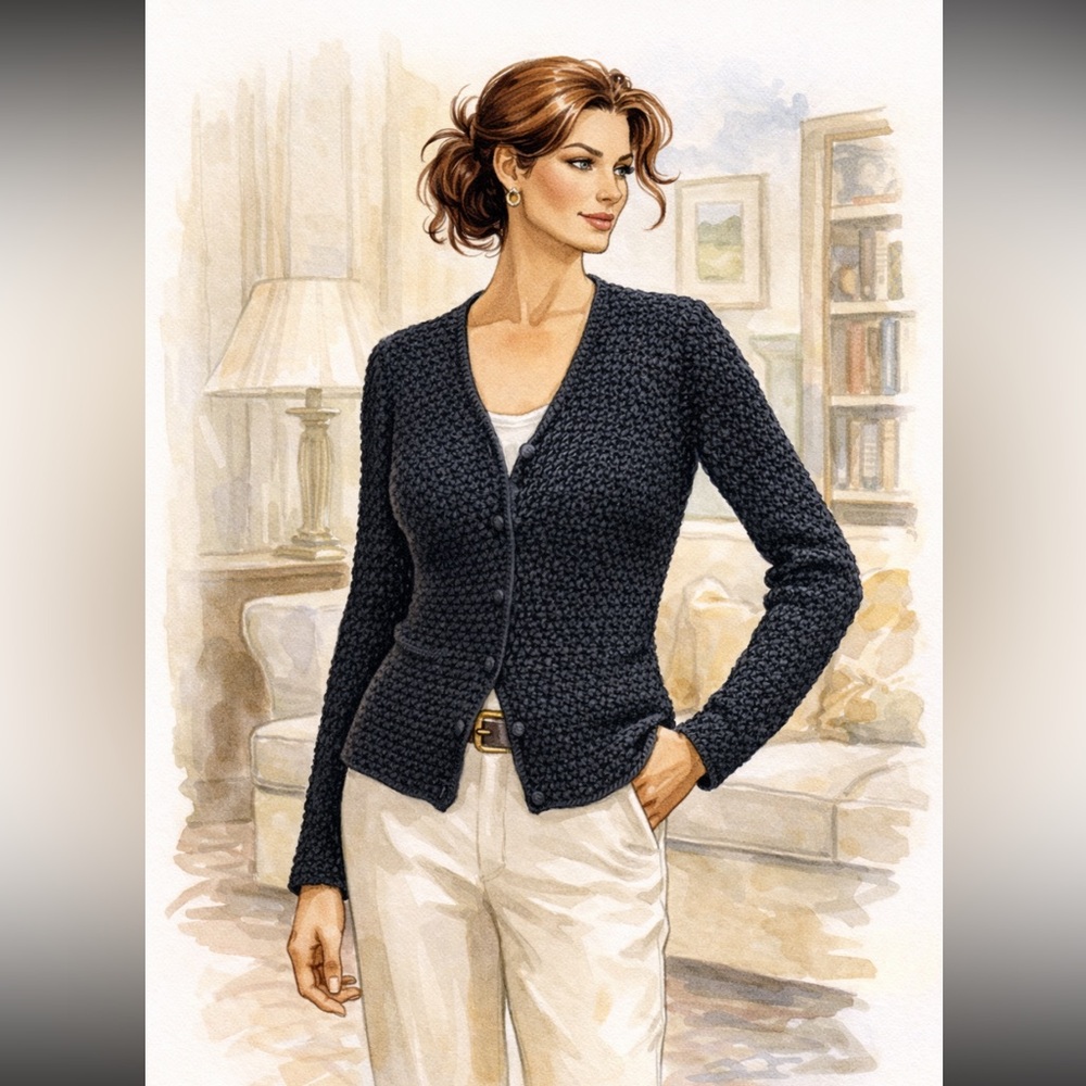 Lauren Ralph Lauren Black Crochet Cardigan Mercerized Cotton Sweater Size M